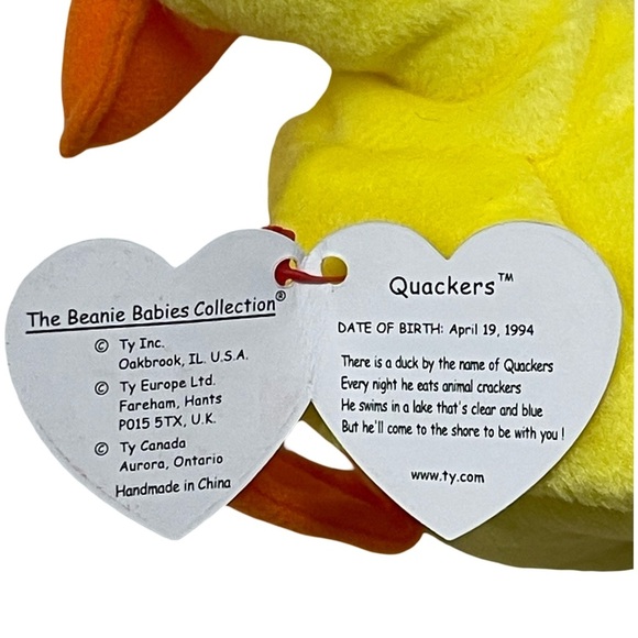 MWMT mint condition Ty Beanie Baby QUACKERS the yellow duck NEW WITH TAGS 1993 - Picture 6 of 8